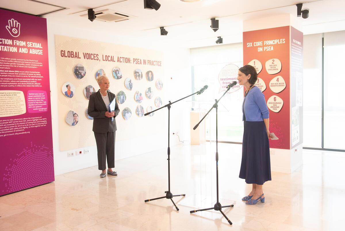 Launch of the exhibit “Ensuring safe and dignified access to food: WFP's protection from sexual exploitation and abuse journey”. In the photo Isabella Castrogiovanni, Director of the WFP’s PSEA Unit introduces the Executive Director, Cindy McCain. Photo: WFP/Daria Addabbo Launch of the exhibit “Ensuring safe and dignified access to food: WFP's protection from sexual exploitation and abuse journey”. In the photo Isabella Castrogiovanni, Director of the WFP’s PSEA Unit introduces the Executive Director, Cindy McCain. Photo: WFP/Daria Addabbo