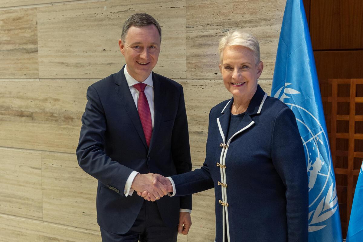 Special session of the Executive Board on the appointment of the Executive Director. H.E. Cindy McCain with the President of the Executive Board, H.E. Artur Andrzej Pollok.