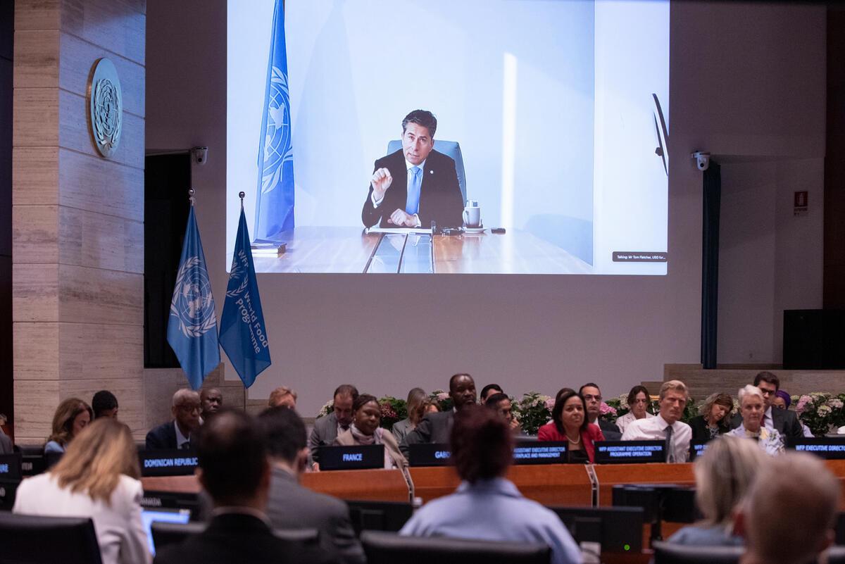Intervention by Tom Fletcher, Under-Secretary-General for Humanitarian Affairs and Emergency Relief Coordinator (connected remotely). Photo: WFP/Daria Addabbo Intervention by Tom Fletcher, Under-Secretary-General for Humanitarian Affairs and Emergency Relief Coordinator (connected remotely). Photo: WFP/Daria Addabbo