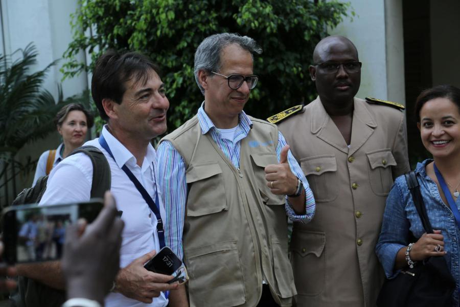 During their visit to Casamance, southern Senegal on 3 October 2023, members of the delegation pay a courtesy visit to the Governor of Ziguinchor Region. From left (foreground): Mr. Pierre Lucas, Country Representative, WFP Senegal; Mr Abdellah Larhmaid, Deputy Permanent Representative of the Kingdom of Morocco, Executive Board of WFP; Governor of Ziguinchor; and H.E. Ms. Olga Maria Pérez Tuna, Ambassador of Guatemala in Italy and Permanent Representative to the UN Agencies in Rome. © UNICEF/UNI454439/ALBG.