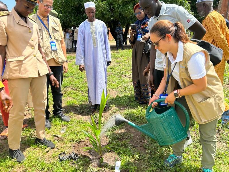 Members of the delegation on the joint field visit of the Executive Boards of UNICEF, UNDP/UNFPA/UNOPS, WFP and UN Women visit an intervention school in the Kolda Region of Senegal and helped to plant a tree.
