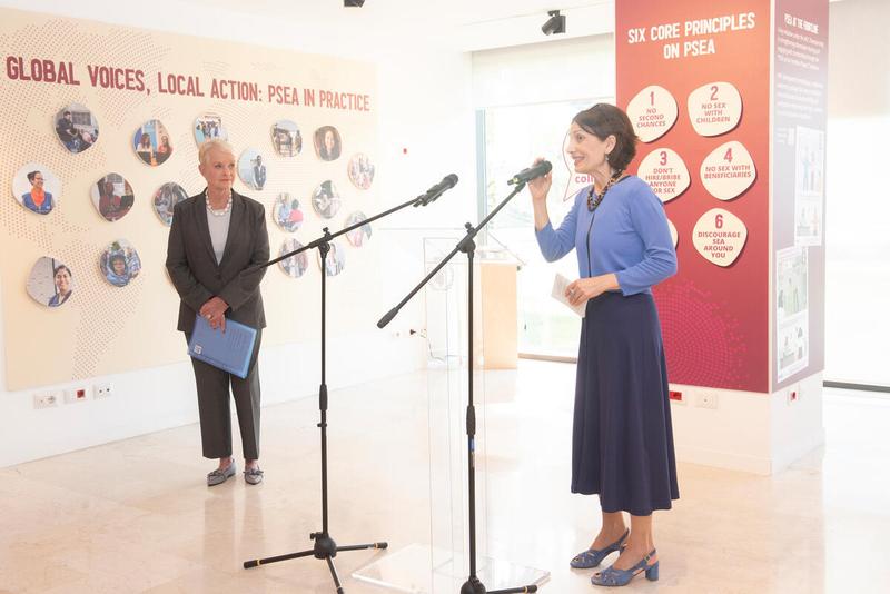 In the photo: Ms Isabella Castrogiovanni, Director, WFP PSEA Unit, to introduce the Executive Director Launch of the exhibit: Ensuring safe and dignified access to food: WFP's protection from sexual exploitation and abuse journey. Exhibit on the margins of the Annual Session of the Executive Board 2025. Photo credit: WFP/Daria Addabbo