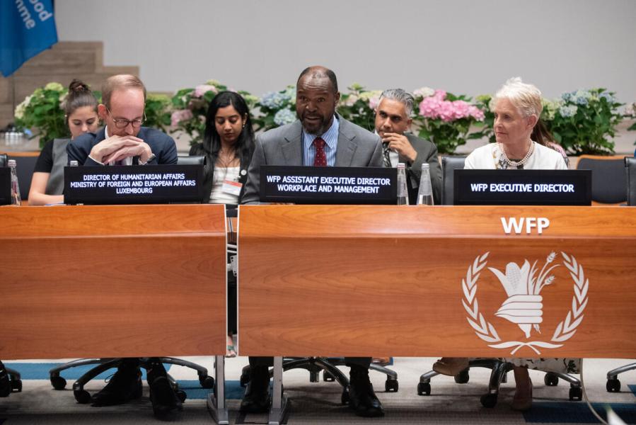 In the photo: intervention by Stephen Omollo, WFP Assistant Executive Director. Harnessing Artificial Intelligence to accelerate WFP’s fight against hunger - Side event on the margins of the Annual Session of the Executive Board 2025. Photo credit: WFP/Daria Addabbo