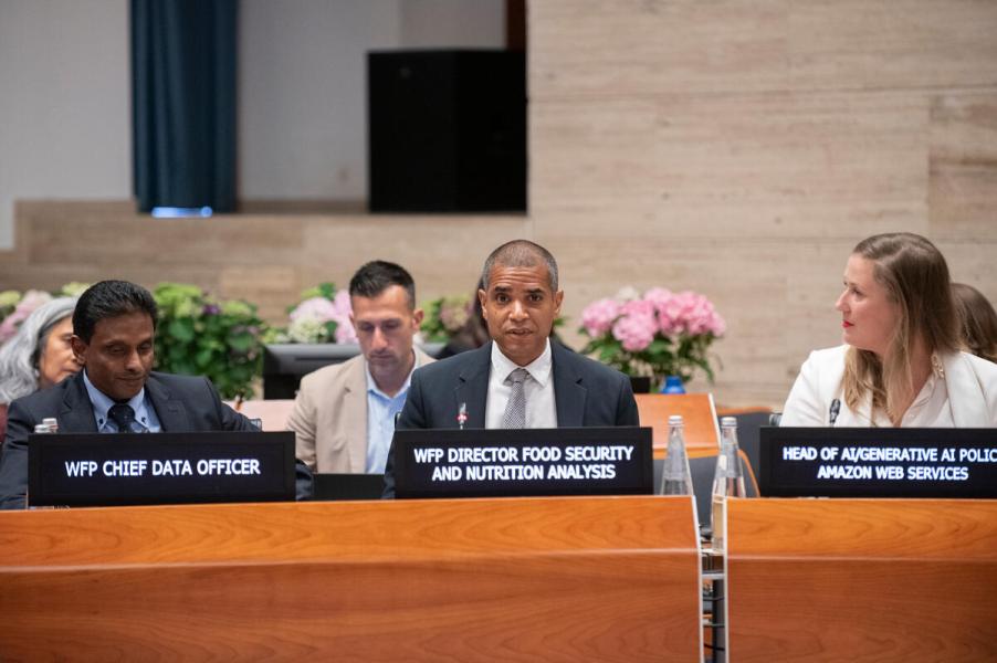 In the photo: intervention by Jean-Martin Bauer, WFP Director Food Security Analysis. Harnessing Artificial Intelligence to accelerate WFP’s fight against hunger - Side event on the margins of the Annual Session of the Executive Board 2025. Photo credit: WFP/Daria Addabbo