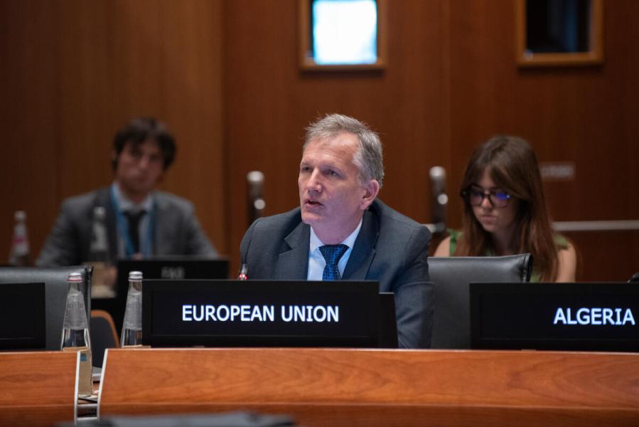 In the photo: intervention by the delegate of the European Union. Harnessing Artificial Intelligence to accelerate WFP’s fight against hunger - Side event on the margins of the Annual Session of the Executive Board 2025. Photo credit: WFP/Daria Addabbo