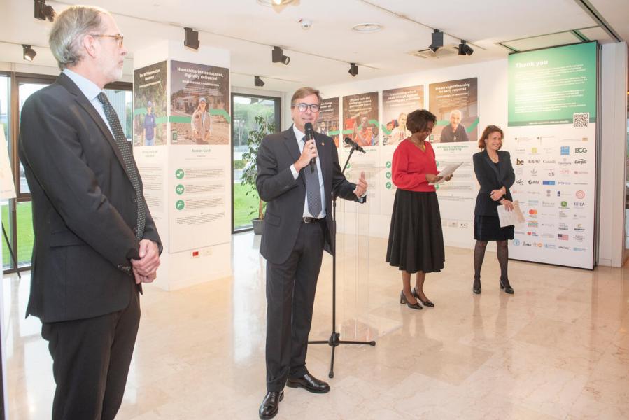 Launch of the exhibit: Ensuring safe and dignified access to food: WFP's protection from sexual exploitation and abuse journey.  Presented by, Mr. Dominik Heinrich, Director, WFP Innovation Division  Ms. Margot van der Velden, WFP Regional Director Western Africa.  H.E. Mr. Andreas Von Brandt, Ambassador and Permanent Representative of Germany.  Ms. Rania Dagash-Kamara, Assistant Executive Director Partnerships &amp; Innovation Department.  © WFP/Daria Addabbo