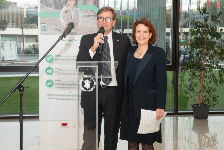 Launch of the exhibit: Ensuring safe and dignified access to food: WFP's protection from sexual exploitation and abuse journey.  Presented by, Mr. Dominik Heinrich, Director, WFP Innovation Division  Ms. Margot van der Velden, WFP Regional Director Western Africa.  H.E. Mr. Andreas Von Brandt, Ambassador and Permanent Representative of Germany.  Ms. Rania Dagash-Kamara, Assistant Executive Director Partnerships &amp; Innovation Department.  © WFP/Daria Addabbo