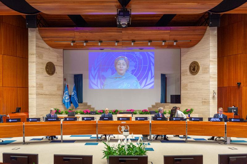WFP HQ Rome, Italy, 21 June 2021 - In the Photo: intervention by Ms. Amina J. Mohammed, Deputy Secretary-General of the UN and Chair of the UN Sustainable Development Group - (connected remotely). From left to right: - Mr. David Beasley, UN WFP Executive Director; - Ambassador H.E. Mr. Luis Fernando Carranza Cifuentes, Guatemala and President of the WFP EB 2021; - Mr. Philip Ward, Secretary to the EB - Photo: WFP/Giulio D'Adamo