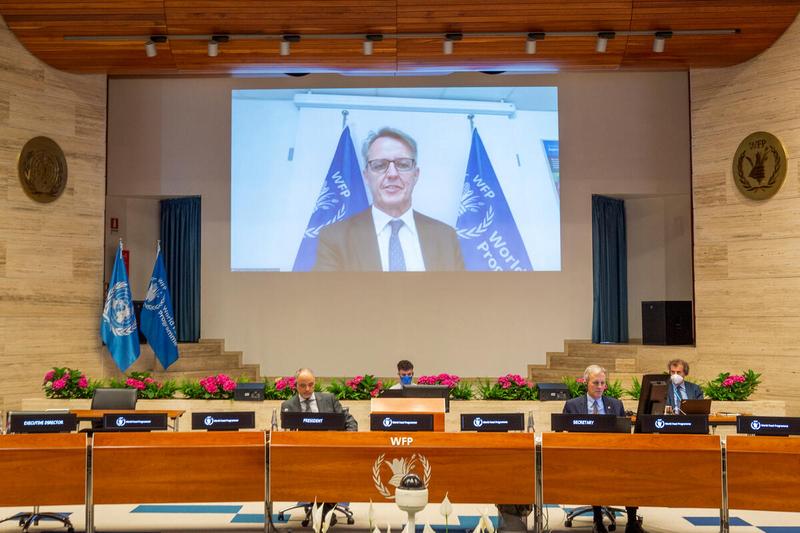 WFP HQ Rome, Italy, 22 June 2021 - In the Photo: intervention by Mr. Michael Dunford, Regional Director for Eastern Africa (connected remotely). From left to right: - Ambassador H.E. Mr. Luis Fernando Carranza Cifuentes, Guatemala and President of the WFP EB 2021; - Mr. Philip Ward, Secretary to the EB. - Photo: WFP/Giulio D'Adamo