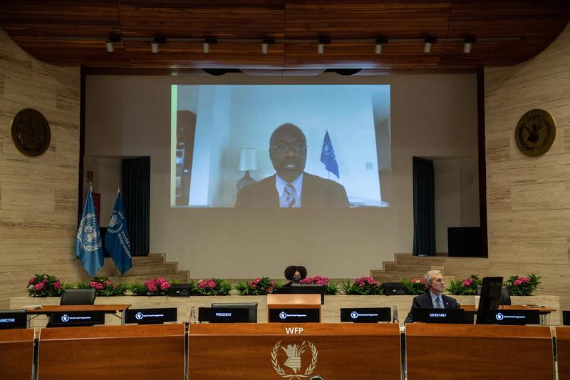 WFP HQ Rome, 22 June 2021 - Impacting Nutrition through a Fresh Food Voucher Programme in Ethiopia. Side event on the margins of the Annual regular session of the Executive Board, 2021 In the photo: Mr. Stevenwere Omamo, WFP Country Director in Ethiopia responds to questions by the EB membership, (on screen) - Photo: WFP/Rein Skullerud