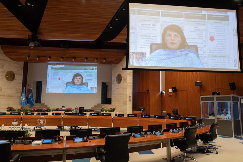 WFP HQ Rome, Wednesday 23 June 2021 - Social protection and WFP’s dual role: supporting millions of people while helping governments to support billions - Side event on the margins of the Annual regular session of the Executive Board, 2021 In the photo: Remarks by Dr. Sania Nishtar, Special Assistant of Pakistan’s Prime Minister and Federal Minister, Poverty Alleviation and Social Safety Division, Government of Pakistan (on screen) - Photo: WFP/Rein Skullerud