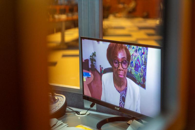 WFP HQ Rome, Italy, 23 June 2021 - In the Photo: interpreter at work during the intervention by Ms. Joyce Luma, UN WFP Human Resources Director - (connected remotely). - Photo: WFP/Giulio D'Adamo