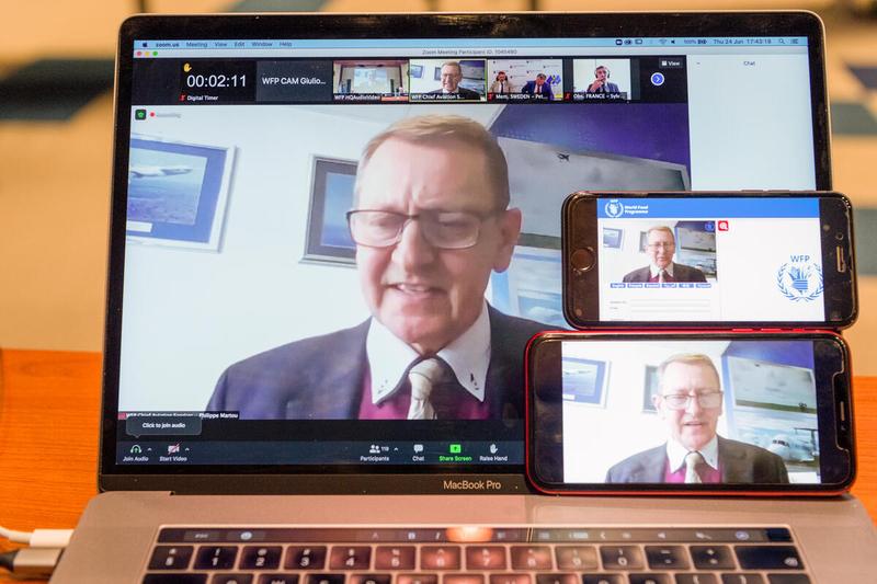 WFP HQRome, Italy, 24 June 2021 - In the Photo: intervention by Mr. Philippe Martou, UN WFP Chief of Aviation - (connected remotely). - Photo: WFP/Giulio D'Adamo