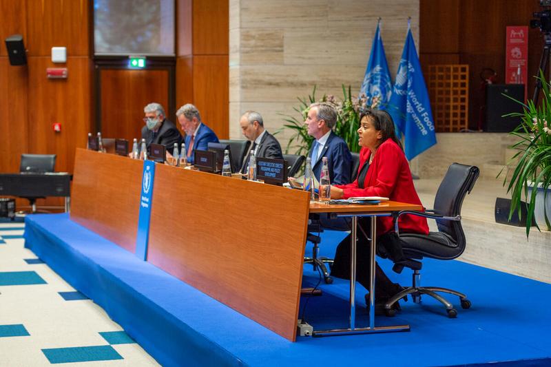 Intervention by Ms. Valerie Guarnieri, Assistant ED; From left to right: Mr. David Beasley, WFP ED; Ambassador H.E. Mr. Luis Fernando Carranza Cifuentes, Guatemala and President WFP EB 2021; Mr. Philip Ward, Secretary to the EB; Ms. Valerie Guarnieri, Assistant ED. Photo: WFP/Giulio d'Adamo