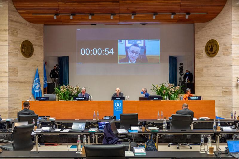 Intervention by H.E. Ms. Haifa Aissami Madah, Permanent Representative of the Bolivarian Republic of Venezuela (connected remotely). Photo: WFP/Giulio d'Adamo