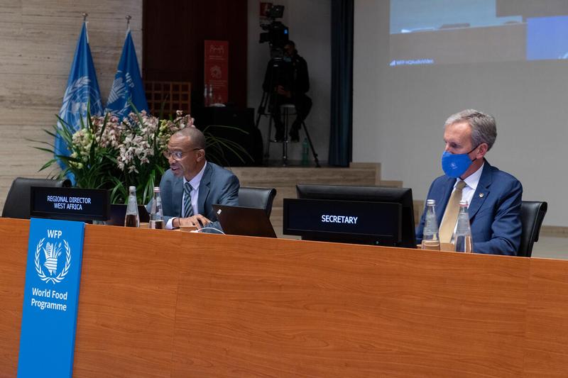 The work of the Regional Centre of Excellence against Hunger and Malnutrition (CERFAM) in leveraging good practices to accelerate zero hunger. The event was facilitated by the WFP Regional Office in Dakar and CERFAM in collaboration with the Côte d’Ivoire Government, to showcase the importance of good practices in Africa for advancing the implementation of SDG2. On the podium Mr. Chris Nikoi, West Africa Regional Director and Philip Ward, Secretary to the EB. Photo: WFP/Rein Skullerud