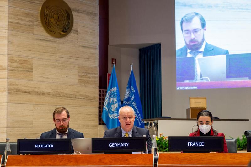 Intervention by H.E. Dr. Ulrich Seidenberger, Ambassador of Germany, during the "Protecting the humanitarian space means protecting WFP’s humanitarian work" – side event on political and operational ways to safeguarding humanitarian action. Photo: WFP/Giulio d'Adamo