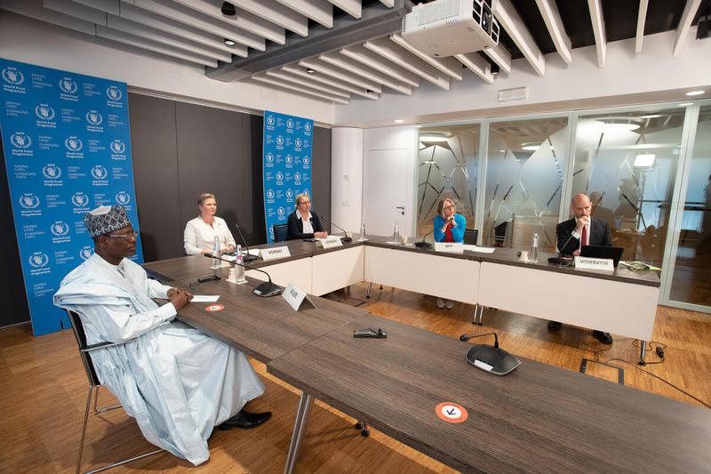 H.E. L. Magagi, Minister of Humanitarian Action and Disaster Management of Niger; H.E. A.B. Tvinnereim, Minister of International Development of Norway; H.E. S. Schulze, Federal Minister for Economic Cooperation and Development of Germany; H.E. A. Salam, Minister of Economy and Trade of Lebanon; Ute Klamert, WFP ED Assistant; M. Penner, WFP Global Deputy Head of Media, Moderator;