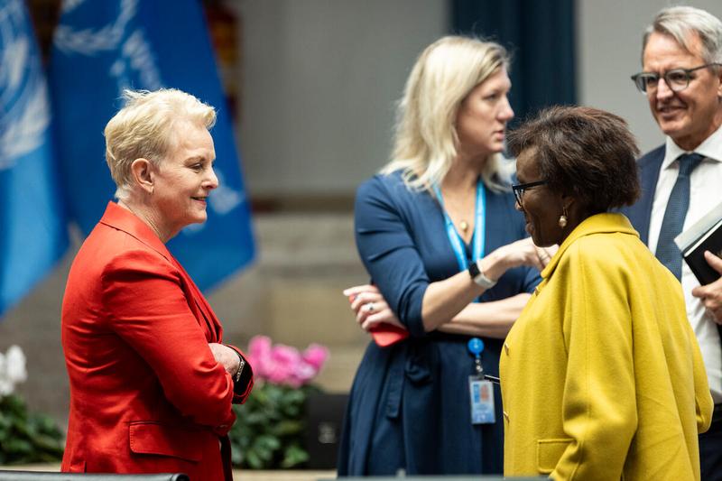 WFP Headquarters Rome, Italy, 13 November 2023. Second Regular Session of the Executive Board. Ms. Cindy McCain Executive Director WFP and Ms. Joyce Luma, Assistant Executive Director, a.i. Workplace Culture exchange a few words before the start of the session.