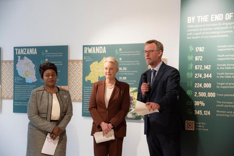 Side event on the margins of the Second Regular Session of the Executive Board Opening of the Farm to Market Alliance exhibition
Empowering Women and Youth in Agriculture Speakers: Ms Cindy McCain, Executive Director, United Nations World Food Programme
Her Excellency Jackline Yonga, Ambassador and Permanent Representative of Kenya Mr. Mads Lofvall, Managing Director, Farm to Market Alliance. Photo credit: WFP/Daria Addabbo