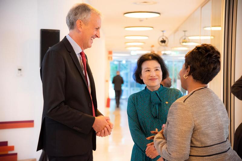 Side event on the margins of the Second Regular Session of the Executive Board. Opening of the Farm to Market Alliance exhibition
Empowering Women and Youth in Agriculture. Mr. Philip Ward, Secretary to the Executive Board, Ms. Mihoko Tamamura, Deputy Secretary to the Executive Board, Her Excellency Jackline Yonga, Ambassador and Permanent Representative of Kenya. Photo credit: WFP/Daria Addabbo