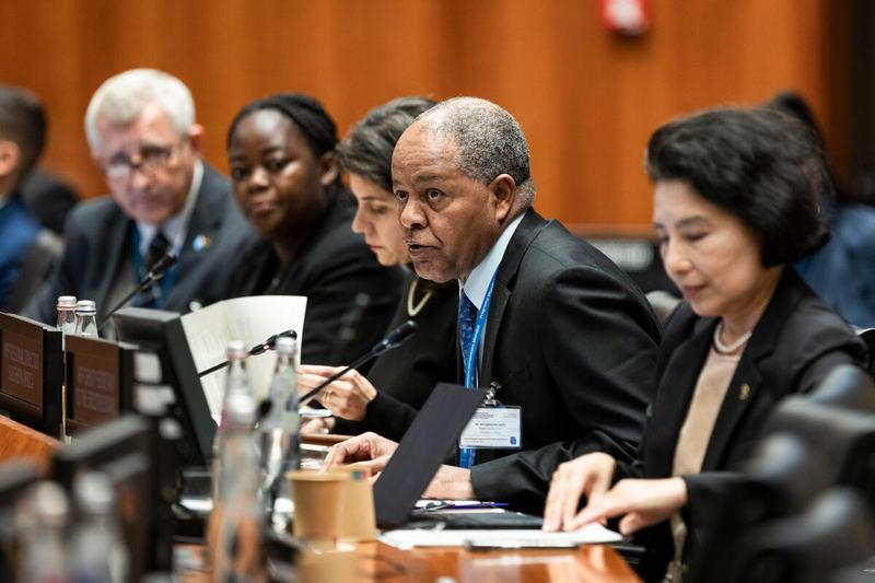 Home-Grown School Feeding in Malawi: Building a Sustainable Model - Side event on the margins of the Second Regular Session of the Executive Board (EB.2/2023). In the photo: intervention by Menghestab Haile, WFP Regional Director Southern Africa. Photo credit: WFP/Matteo Minnella