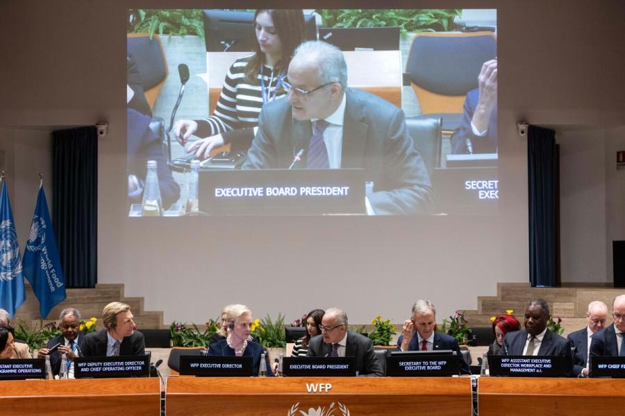 In the photo: intervention by H.E. Mr. Youssef Balla, Ambassador and Permanent Representative of the Kingdom of Morocco and President of the WFP Executive Board 2024. Photo credit: WFP/Matteo Minnella
