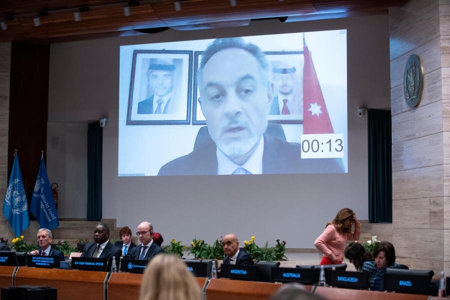 Remote intervention by H.E. Kais Abu Dayyeh, Ambassador and Permanent Representative of Jordan. Photo credit: WFP/Daria Addabbo