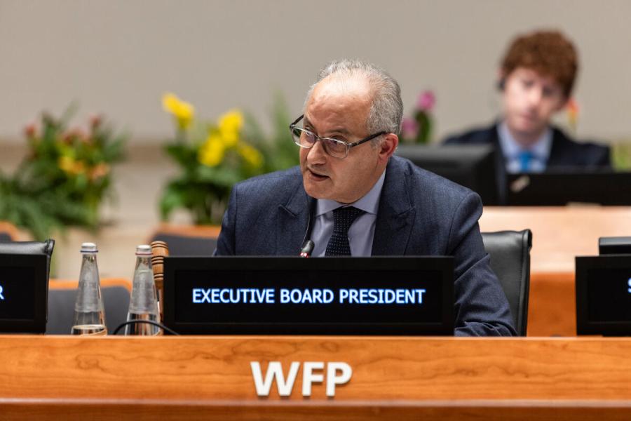 In the photo: intervention by H.E. Mr. Youssef Balla, Ambassador and Permanent Representative of the Kingdom of Morocco and President of the WFP Executive Board 2024. Photo credit: WFP/Matteo Minnella