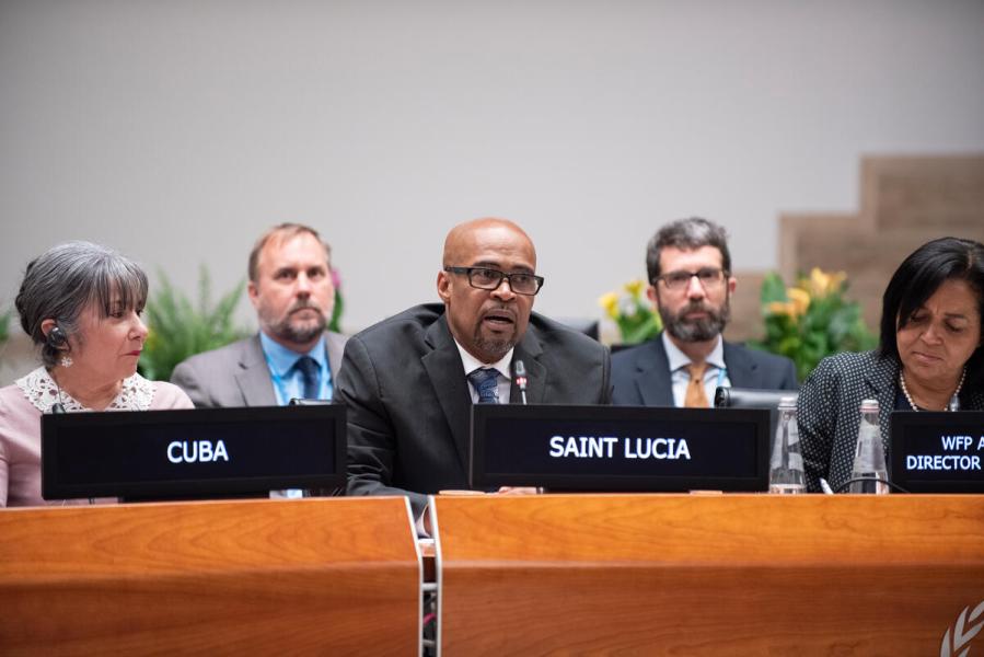 In the photo: intervention by H.E. Joachim Henry, Minister of Equity, Social Justice and Empowerment of Saint Lucia. &quot;WFP in Small Island Developing States: Perspectives from the Caribbean and the Pacific&quot;, side event on the margins of the First Regular Session of the Executive Board 2024 (EB.1/2024). Photo credit: WFP/Daria Addabbo