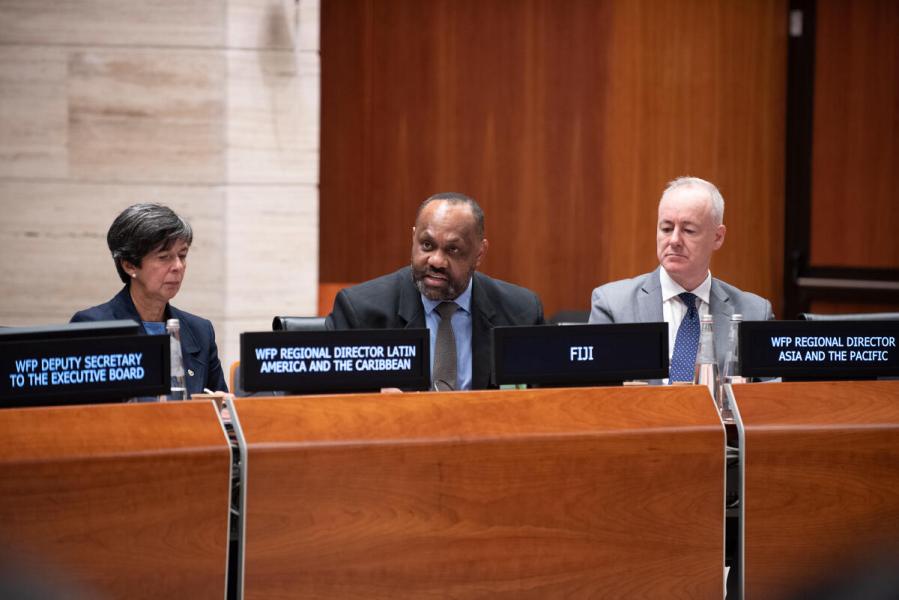 In the photo: intervention by H.E. Mr. Anare Leweniqila, Counsellor and Deputy Permanent Representative of Fiji to UN Organizations. &quot;WFP in Small Island Developing States: Perspectives from the Caribbean and the Pacific&quot;, side event on the margins of the First Regular Session of the Executive Board 2024 (EB.1/2024). Photo credit: WFP/Daria Addabbo