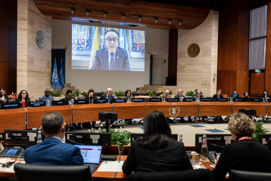 In the photo: intervention by H.E. Mr. Tenzin R Wangchuk Permanent Representative of Bhutan to the UN - connected remotely. Photo credit: WFP/Matteo Minnella