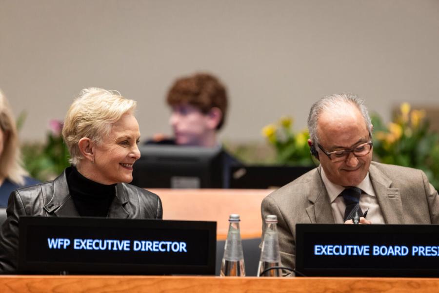 The Executive Director Ms. Cindy McCain and H.E. Mr. Youssef Balla, Ambassador and Permanent Representative of the Kingdom of Morocco and President of the WFP Executive Board 2024. Photo credit: Matteo Minnella