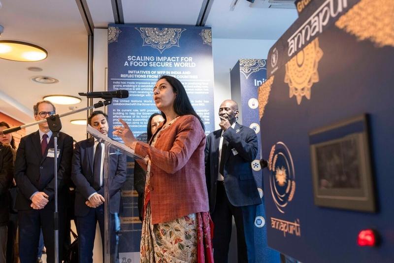 In the photo: Intervention by H.E. Ms. Vani Sarraju Rao, Ambassador and Permanent Representative of India. Exhibit: Scaling Impact for a Food Secure World. Initiatives of WFP in India and Reflections from Partner Countries. Photo credit: WFP/Matteo Minnella