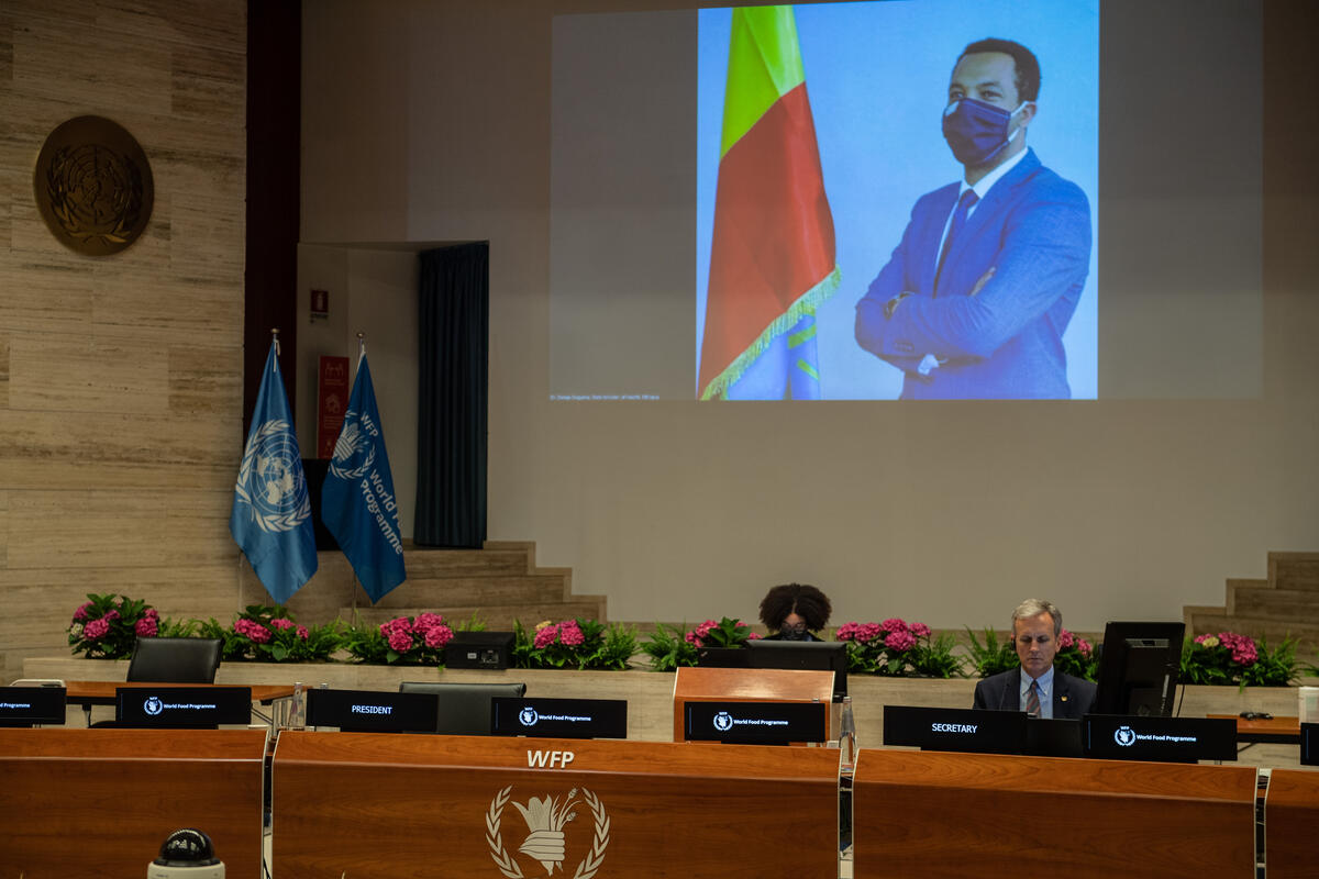Intervention by Dr. Dereje Duguma, State Minister, Ministry of Health, Ethiopia (on screen). Side event: Impacting Nutrition through a Fresh Food Voucher Programme in Ethiopia. Photo: WFP/Rein Skullerud
