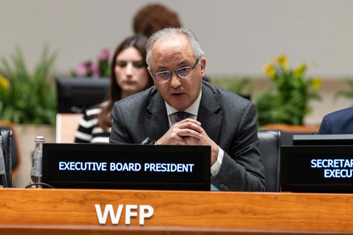 The WFP Executive Board concluded its 2024 first regular session on Wednesday 28 February. Over the three-day session, Members of the Board approved 11 documents including seven Country Strategic Plans and one Interim Country Strategic Plan.      In the photo: intervention by H.E. Mr. Youssef Balla, Ambassador and Permanent Representative of the Kingdom of Morocco and President of the WFP Executive Board 2024. Photo: © WFP/Matteo Minnella 