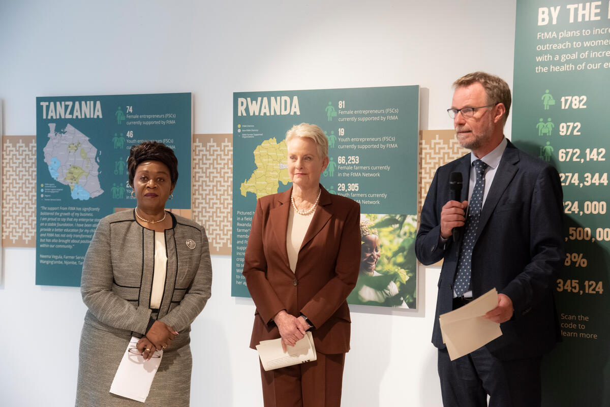 Opening of the exhibition “Empowering Women and Youth in Agriculture”. From left to right: H.E. Jackline Yonga, Ambassador and Permanent Representative of Kenya, Cindy McCain, Executive Director, World Food Programme, Mads Lofvall, Managing Director, Farm to Market Alliance.